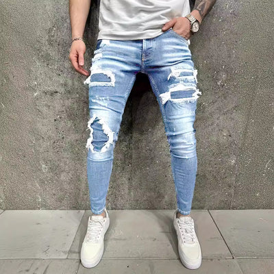 Pantalones Vaqueros Rotos con Parches Estilo Europeo y Americano para Hombre
