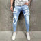 Calça Jeans Rasgada Masculina com Patches Estilo Europeu e Americano