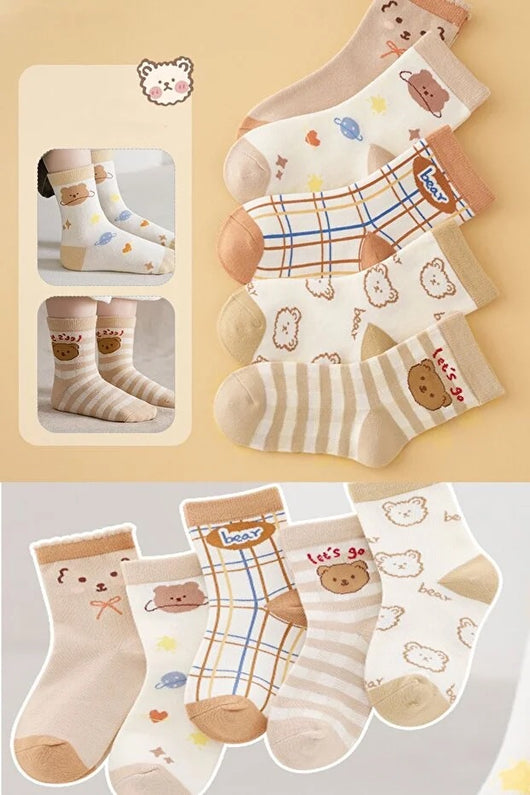 Pack 5 Pares Calcetines Infantiles Estampado Osito Suave y Cómodo