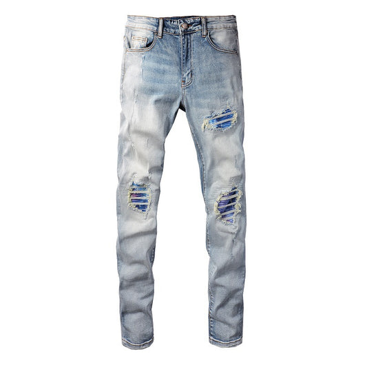 Jeans Slim Ajustados Blanco Roto con Parches Desgarrados y Detalles Vintage