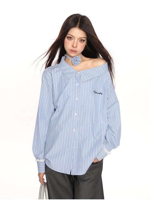 Blusa Larga Azul a Rayas Reductora de Hombros para Mujer