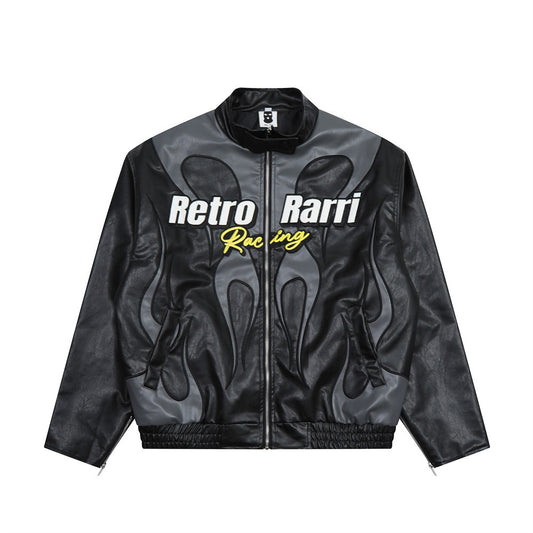 Chaqueta de Cuero para Hombre con Parches Bordados Estilo Locomotora Racing