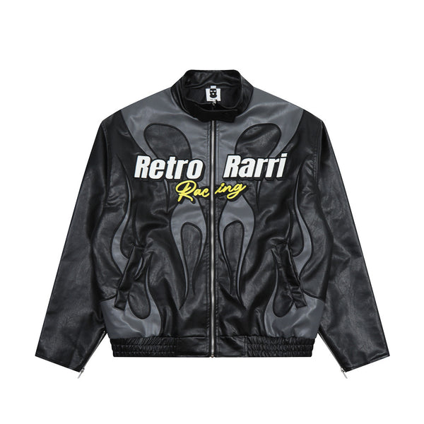 Chaqueta de Cuero para Hombre con Parches Bordados Estilo Locomotora Racing