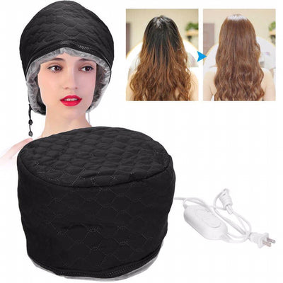 Black electric heating hair treatment cap with a quilted pattern and a white power cord with an inline switch. - Image 8
