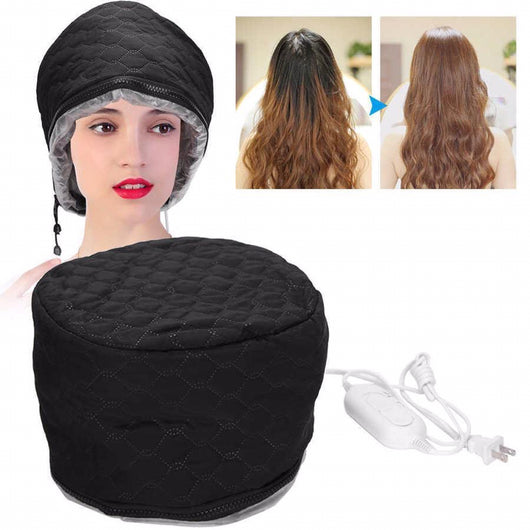Black electric heating hair treatment cap with a quilted pattern and a white power cord with an inline switch. - Image 8