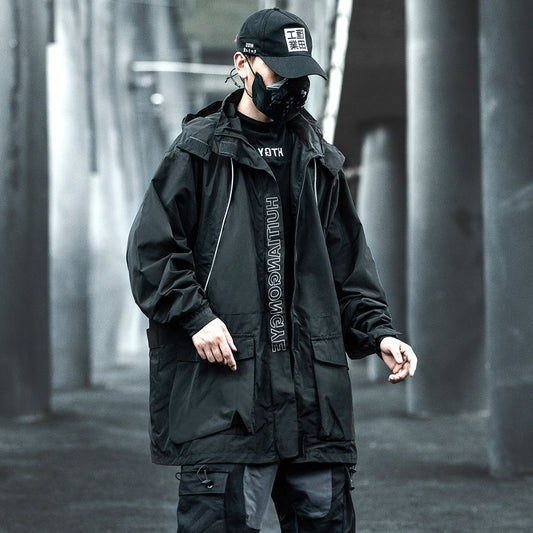 Abrigo Trench Coat Oversize Hip Hop Negro Primavera Otoño Hombre