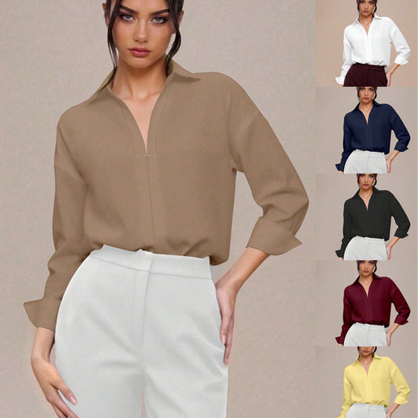 Blusa Entallada Cuello Mao Manga Tres Cuartos para Mujer