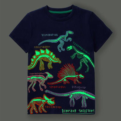 Dark blue short-sleeved children's t-shirt with multiple glowing jellyfish graphics and a yellow neck trim. - Image 7