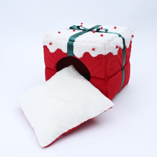 Cama Nido Felino Doble Uso - Refugio Cerrado Navideño para Gatos y Perros Pequeños