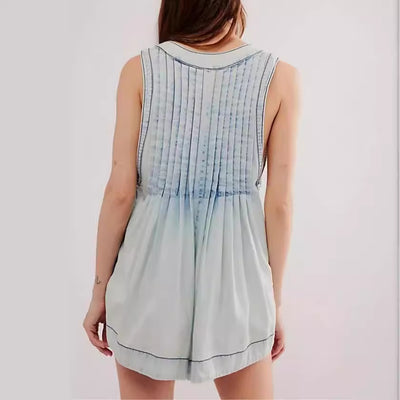 Mono Corto Denim Sin Mangas Cuello en V con Bolsillos - Estilo Playero Verano - Image 3