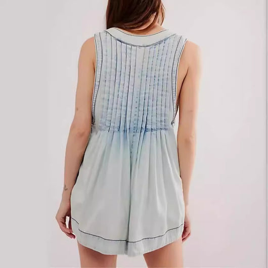 Mono Corto Denim Sin Mangas Cuello en V con Bolsillos - Estilo Playero Verano - Image 3