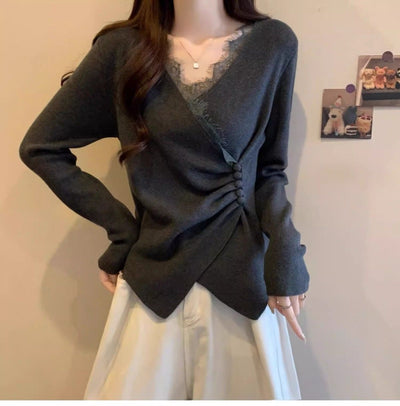 Blusa Manga Larga con Encaje Irregular y Escote en V - Image 31