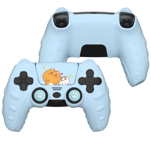 Light blue silicone protective case for PS5 controller with cute cat design and paw print details. - Image 3