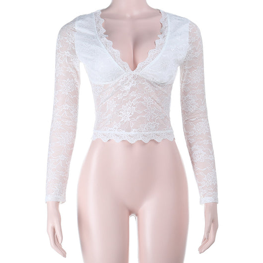Blusa Elegante de Encaje con Escote en V y Mangas Largas - Image 6