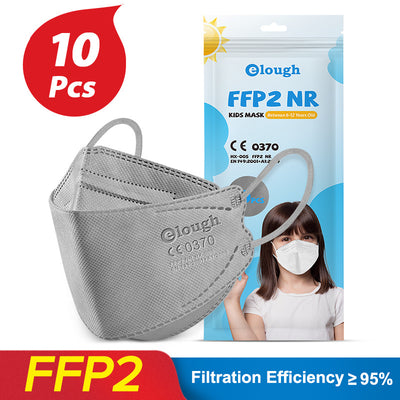 Black FFP2 kids mask with ear loops, shown next to its packaging for a 10-piece pack. - Image 34