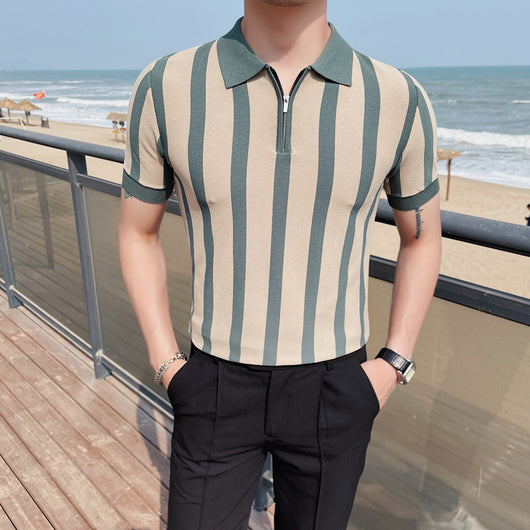 Suéter a Rayas con Cuello Solapa - Camiseta Casual Stretch Británica - Image 3