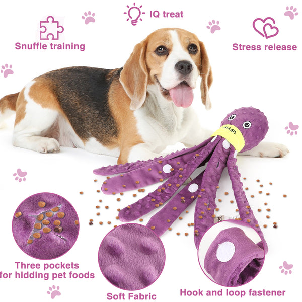 Blue plush octopus dog snuffle toy with a cartoon crying face and a yellow "PETFULED" band, designed for interactive play.