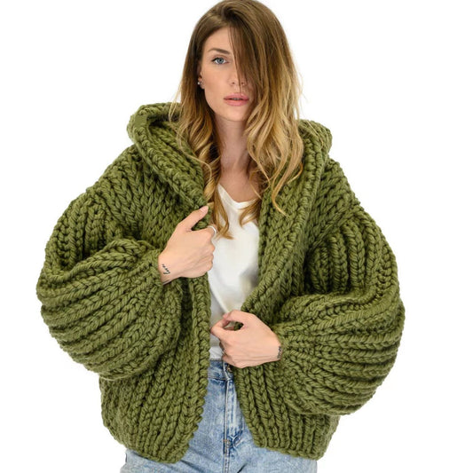 Cardigan Tejido a Mano Holgado con Capucha - Suéter Knit para Mujer - Image 2