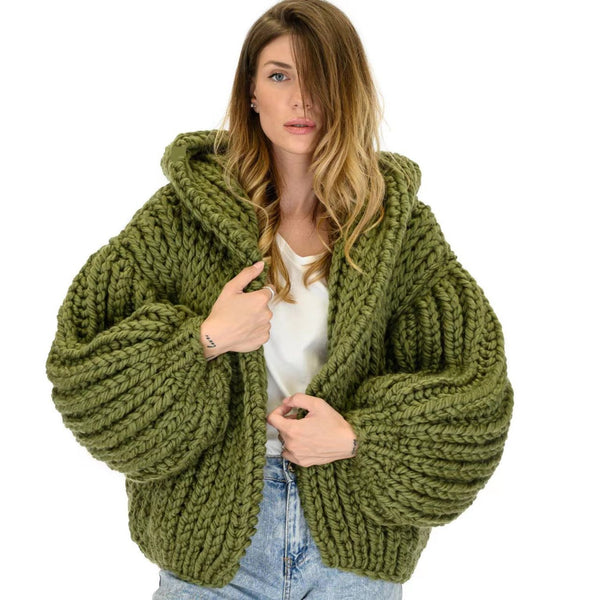 Cardigan Tejido a Mano Holgado con Capucha - Suéter Knit para Mujer