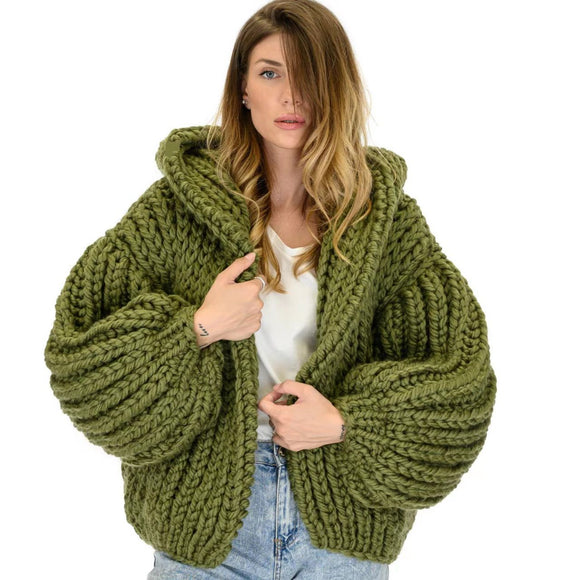 Cardigan Tejido a Mano Holgado con Capucha - Suéter Knit para Mujer