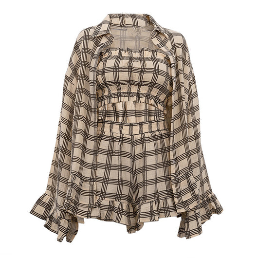 Conjunto Retro de 3 Piezas: Camisa Cuadros Manga Larga, Top Tubo y Shorts - Image 21