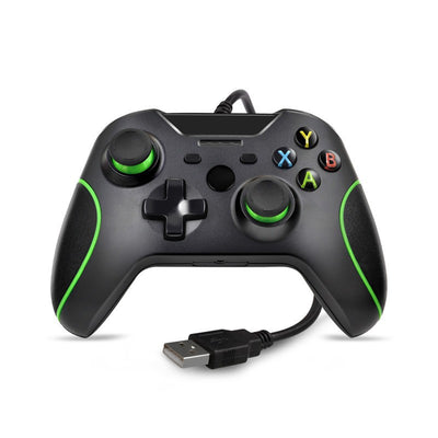 Black wired USB game controller with green accents, two joysticks, and ABXY buttons, shown with USB, USB-C, and micro-USB adapters. - Image 11