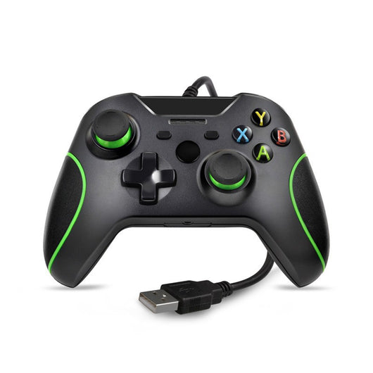 Black wired USB game controller with green accents, two joysticks, and ABXY buttons, shown with USB, USB-C, and micro-USB adapters. - Image 11