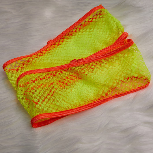 Neon yellow and orange lace lingerie set with chain details, including a bra, garter belt, thong, and armbands. - Image 29