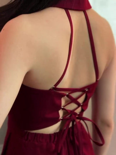 Jumpsuit Burgundy Elegante sin Espalda con Cordones - Image 5