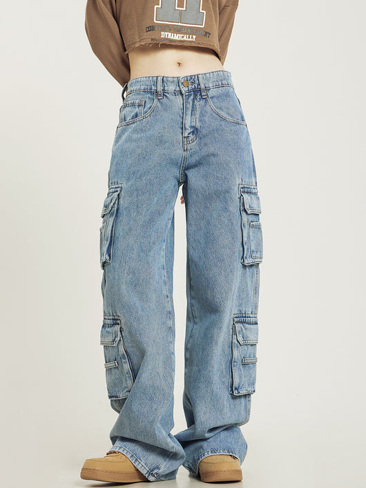 Overol Jeans Retro Lavado Multibolsillos Mujer Pantalón Recto Casual - Image 4