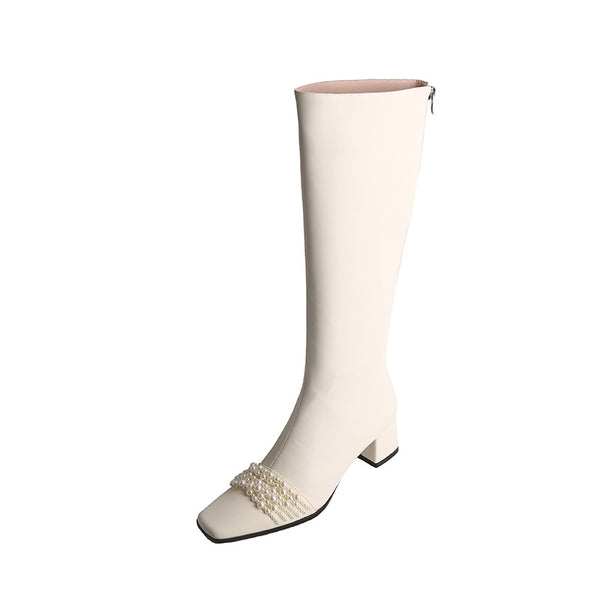 Botas Altas Punta Cuadrada con Tacón Grueso y Cuero Fino