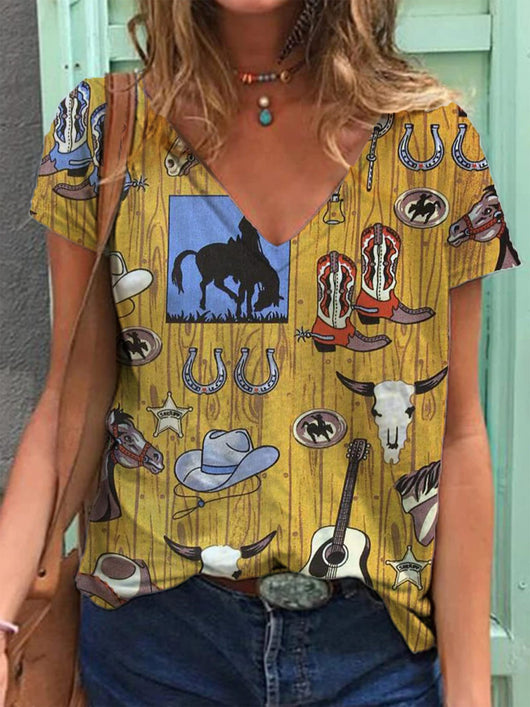 Playera Cuello V Estampado Retro 3D para Mujer - Image 10