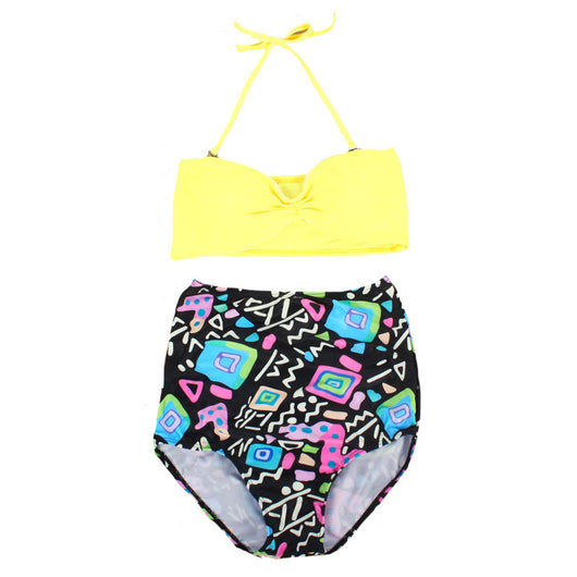 Women's two-piece swimsuit with a solid yellow bandeau top and black high-waisted bottoms with a vibrant abstract geometric pattern. - Image 5