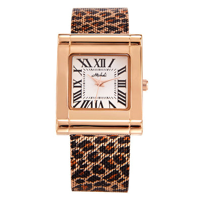 Reloj Cuadrado de Malla Acero Inoxidable Estampado Leopardo para Mujer - Image 6