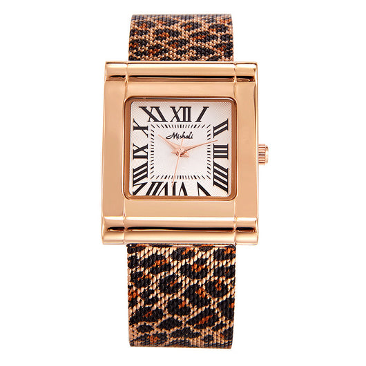 Reloj Cuadrado de Malla Acero Inoxidable Estampado Leopardo para Mujer - Image 6