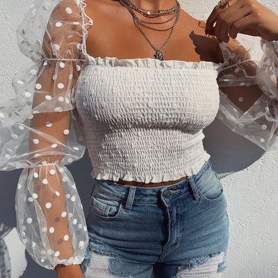 Blusa Elegante de Malla con Mangas Abullonadas y Hombros Descubiertos - Image 9
