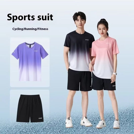 Purple and white gradient short-sleeve t-shirt with 'SPORT' text and black athletic shorts for women.