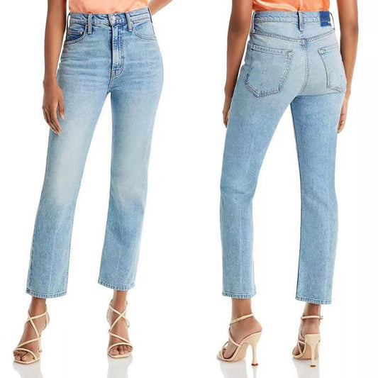 Jeans Skinny Cintura Alta Azul Claro Corte Recto Crop para Mujer