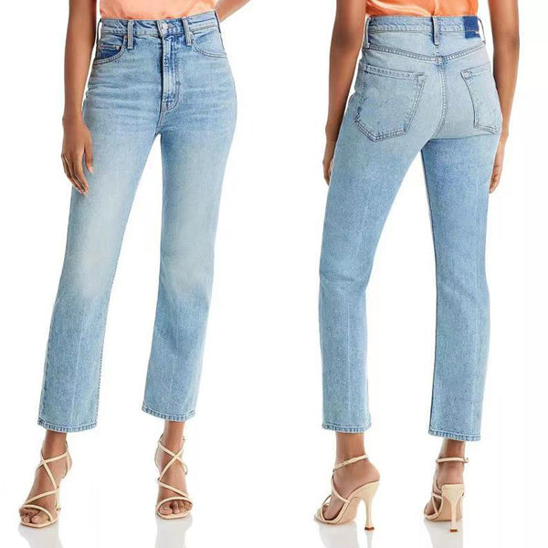 Jeans Skinny Cintura Alta Azul Claro Corte Recto Crop para Mujer