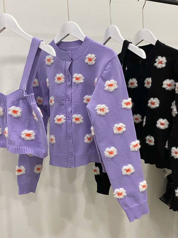 Conjunto Dos Piezas: Cardigan con Flores 3D Bordadas y Camiseta