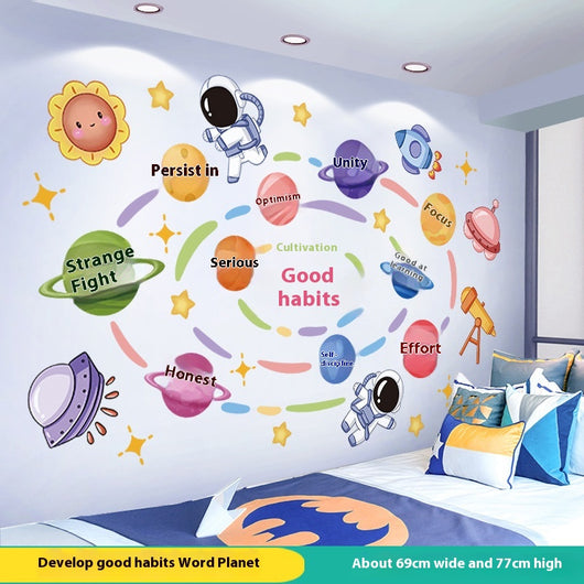 Cartoon astronaut and space station wall stickers with planets, stars, moon, and telescope on a white wall. - Image 10