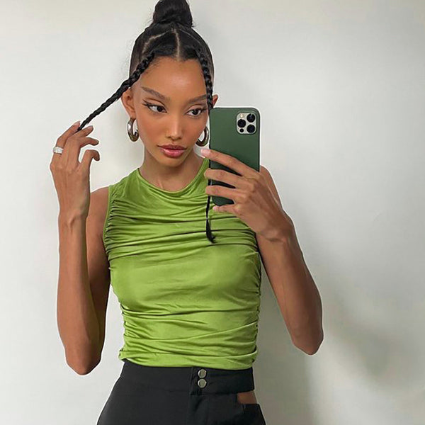 Blusa sin Mangas Cuello Redondo con Fruncido Ajustado