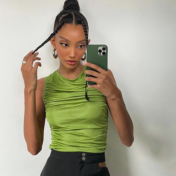 Blusa sin Mangas Cuello Redondo con Fruncido Ajustado