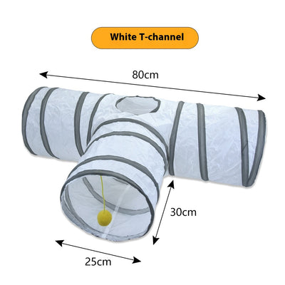 White cat tunnel with dark grey trim, featuring a red and pink hanging toy, measuring 25cm by 50cm. - Image 9