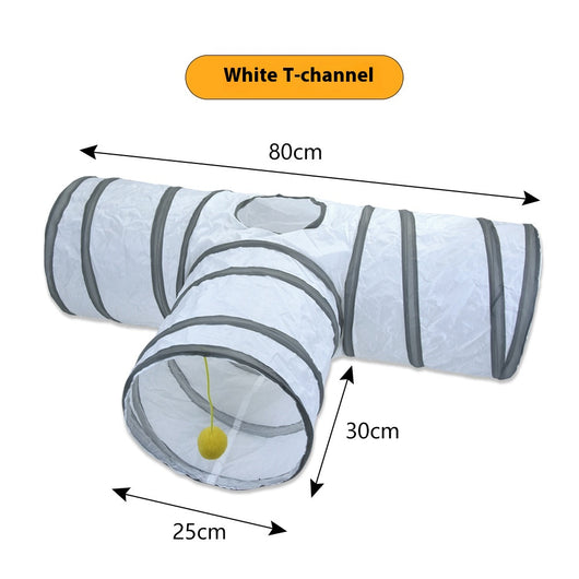 White cat tunnel with dark grey trim, featuring a red and pink hanging toy, measuring 25cm by 50cm. - Image 9