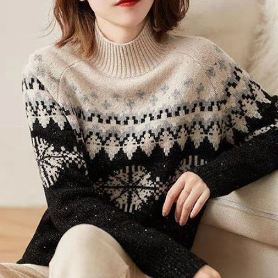 Suéter Retro de Cuello Alto con Copo de Nieve - Tejido Suelto para Otoño e Invierno