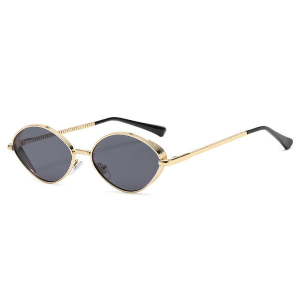 Oval women's sunglasses with dark gray lenses and a gunmetal metal frame, featuring textured temples. - Image 4