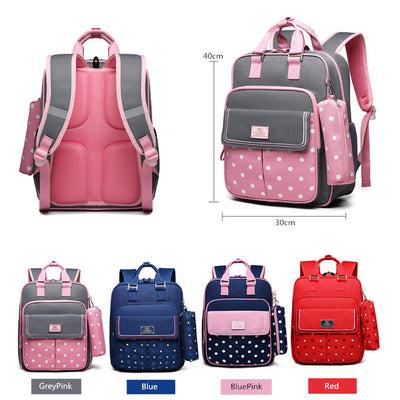 Blue kids' school backpack with white star pattern, front pocket, and matching pencil case. Measures 40x30x13cm. - Image 16