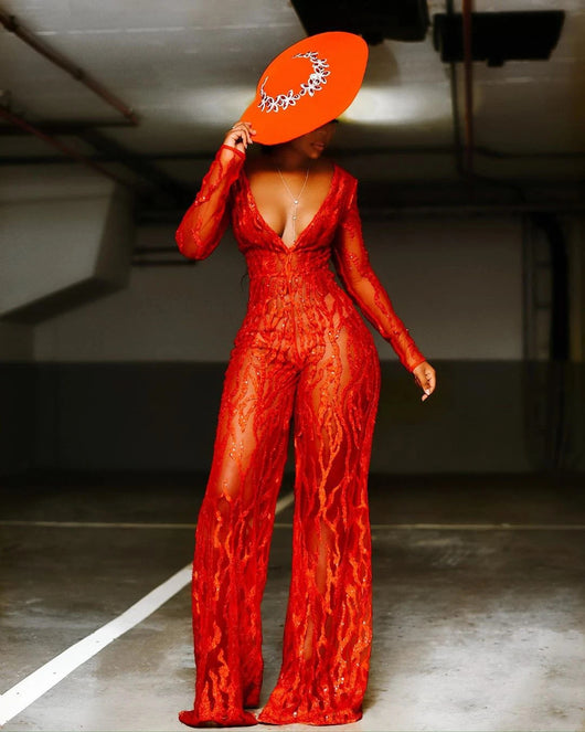 Jumpsuit Rojo con Lentejuelas y Escote Halter - Estilo Europeo - Image 10