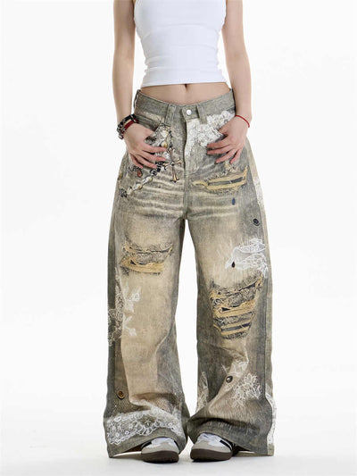 Pantalones Vaqueros Estampado Cruzado Mujer Pierna Ancha - Image 4